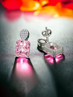 Designs & You - Crushed Ice Cut Cubic Zirconia Silver Plated Pink Geometric Drop Earrings