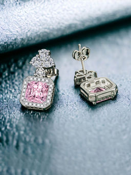 Designs & You - Crushed Ice Cut Cubic Zirconia Silver Plated Pink Square Drop Earrings