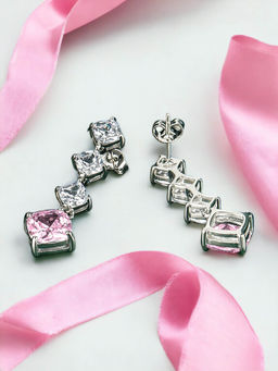 Designs & You - Crushed Ice Cut Cubic Zirconia Silver Plated Pink Square Drop Earrings