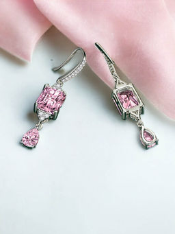 Designs & You - Crushed Ice Cut Cubic Zirconia Silver Plated Pink Geometric Drop Earrings