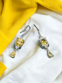 Designs & You - Crushed Ice Cut Cubic Zirconia Silver Plated Yellow Geometric Drop Earrings