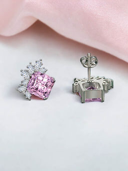 Designs & You - Crushed Ice Cut Cubic Zirconia Silver Plated Pink Square Stud Earrings