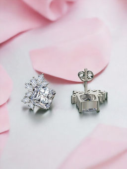 Designs & You - Crushed Ice Cut Cubic Zirconia Silver Plated White Square Stud Earrings