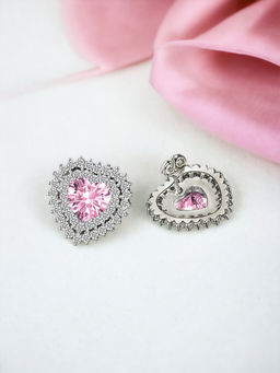Designs & You - Crushed Ice Cut Cubic Zirconia Silver Plated Pink Heart Shaped Stud Earrings