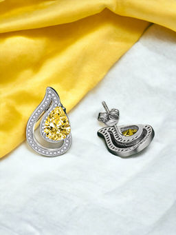 Designs & You - Crushed Ice Cut Cubic Zirconia Silver Plated Yellow Teardrop Shaped Stud Earrings