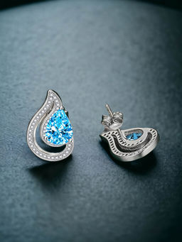 Designs & You - Crushed Ice Cut Cubic Zirconia Silver Plated Blue Teardrop Shaped Stud Earrings