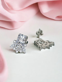Designs & You - Crushed Ice Cut Cubic Zirconia Silver Plated White Geometric Stud Earrings