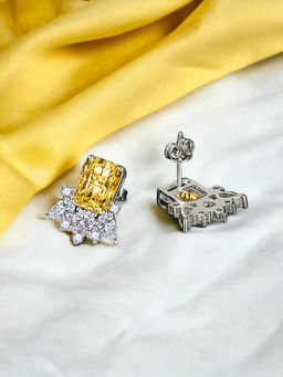 Designs & You - Crushed Ice Cut Cubic Zirconia Silver Plated Yellow Geometric Stud Earrings