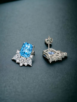 Designs & You - Crushed Ice Cut Cubic Zirconia Silver Plated Blue Geometric Stud Earrings