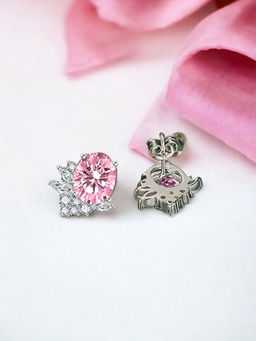 Designs & You - Crushed Ice Cut Cubic Zirconia Silver Plated Pink Oval Stud Earrings