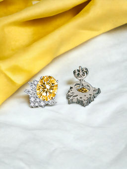 Designs & You - Crushed Ice Cut Cubic Zirconia Silver Plated Yellow Oval Stud Earrings