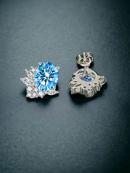 Designs & You - Crushed Ice Cut Cubic Zirconia Silver Plated Blue Oval Stud Earrings