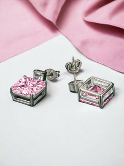 Designs & You - Crushed Ice Cut Cubic Zirconia Silver Plated Pink Square Stud Earrings