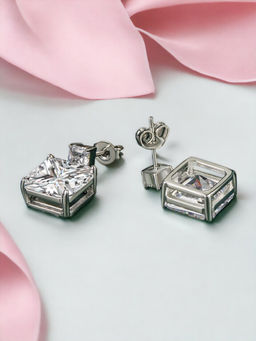 Designs & You - Crushed Ice Cut Cubic Zirconia Silver Plated White Square Stud Earrings