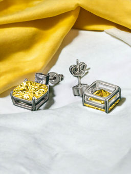 Designs & You - Crushed Ice Cut Cubic Zirconia Silver Plated Yellow Square Stud Earrings