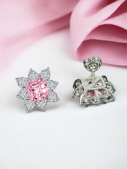 Designs & You - Crushed Ice Cut Cubic Zirconia Silver Plated Pink Square Stud Earrings