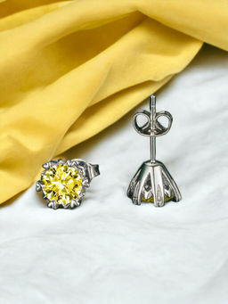 Designs & You - Crushed Ice Cut Cubic Zirconia Silver Plated Yellow Floral Stud Earrings