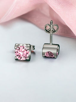 Designs & You - Crushed Ice Cut Cubic Zirconia Silver Plated Pink Round Stud Earrings