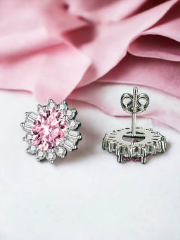 Designs & You - Crushed Ice Cut Cubic Zirconia Silver Plated Pink Oval Stud Earrings