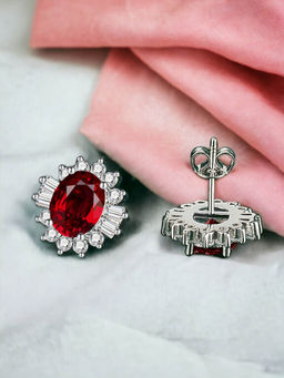 Designs & You - Crushed Ice Cut Cubic Zirconia Silver Plated Red Oval Stud Earrings