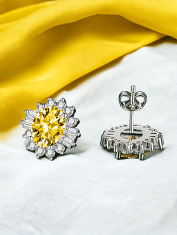 Designs & You - Crushed Ice Cut Cubic Zirconia Silver Plated Yellow Oval Stud Earrings