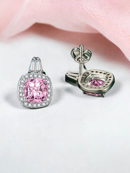 Designs & You - Crushed Ice Cut Cubic Zirconia Silver Plated Pink Geometric Stud Earrings