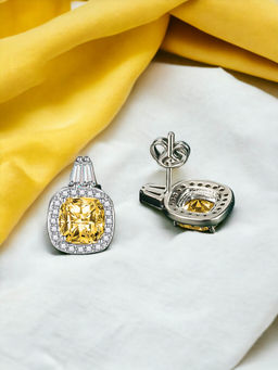Designs & You - Crushed Ice Cut Cubic Zirconia Silver Plated Yellow Geometric Stud Earrings