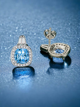 Designs & You - Crushed Ice Cut Cubic Zirconia Silver Plated Blue Geometric Stud Earrings