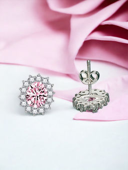 Designs & You - Crushed Ice Cut Cubic Zirconia Silver Plated Pink Oval Stud Earrings