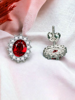 Designs & You - Crushed Ice Cut Cubic Zirconia Silver Plated Red Oval Stud Earrings