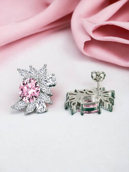 Designs & You - Crushed Ice Cut Cubic Zirconia Silver Plated Pink Contemporary Stud Earrings