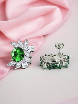 Designs & You - Crushed Ice Cut Cubic Zirconia Silver Plated Green Contemporary Stud Earrings