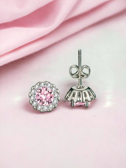 Designs & You - Crushed Ice Cut Cubic Zirconia Silver Plated Pink Round Stud Earrings