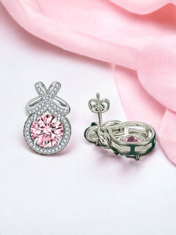 Designs & You - Crushed Ice Cut Cubic Zirconia Silver Plated Pink Contemporary Stud Earrings