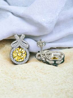 Designs & You - Crushed Ice Cut Cubic Zirconia Silver Plated Yellow Contemporary Stud Earrings