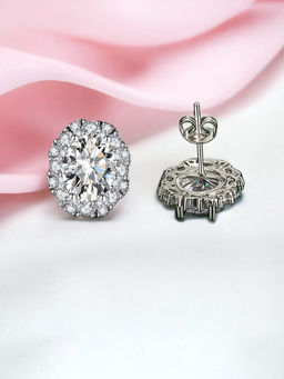 Designs & You - Crushed Ice Cut Cubic Zirconia Silver Plated White Oval Stud Earrings