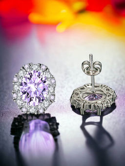Designs & You - Crushed Ice Cut Cubic Zirconia Silver Plated Purple Oval Stud Earrings