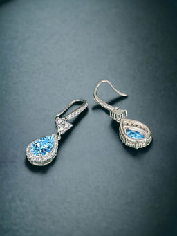 Designs & You - Crushed Ice Cut Cubic Zirconia Silver Plated Blue Teardrop Shaped Drop Earrings