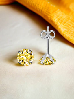 Designs & You - Crushed Ice Cut Cubic Zirconia Silver Plated Yellow Round Stud Earrings