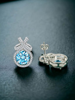 Designs & You - Crushed Ice Cut Cubic Zirconia Silver Plated Blue Contemporary Stud Earrings