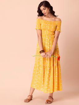 Indya - Yellow Ikat Off Shoulder Maxi Dress