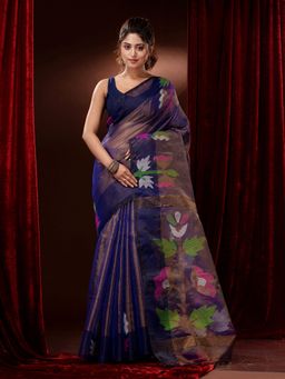 CHARUKRITI - Blue Tissue Muslin Handwoven Multicolour Floral Motifs Saree with Unstitched Blouse