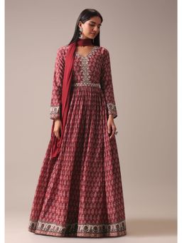 KALKI FASHION - Red Indie Print Anarkali in Art Silk with Leggings Belt & Dupatta (Set of 4)