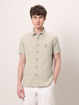 U.S. Polo Assn. Denim Co. - Mens Beige Solid Pure Cotton Dobby Shirt