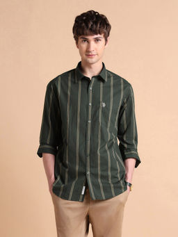 U.S. POLO ASSN. - Mens Green Vertical Striped Pure Cotton Shirt