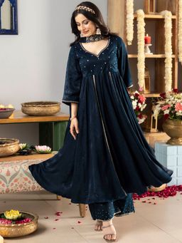 Lavanya The Label - Navy Blue Apricot Anarkali Kurta (Set of 3)