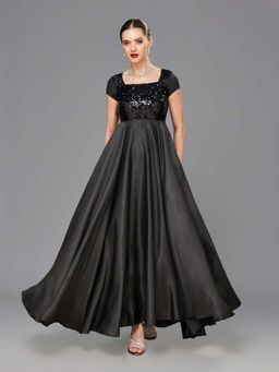 Miss Chase - Womens Black Square Neck Short Sleeve Embellished Fit and Flare Gown