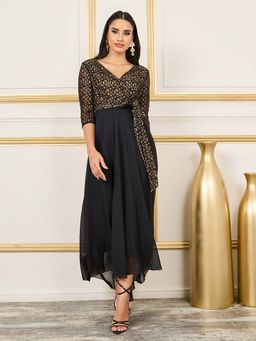 Miss Chase - Womens Black Self-Designed Relaxed Fit V-Neck Georgette Dress