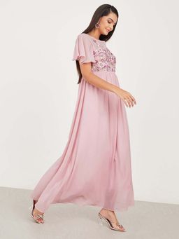 Miss Chase - Womens Blush Pink Embellished Gathered Dress
