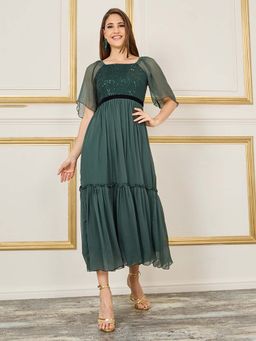 Miss Chase - Womens Dark Green Embellished Flared Sleeves Chiffon Midi Dress